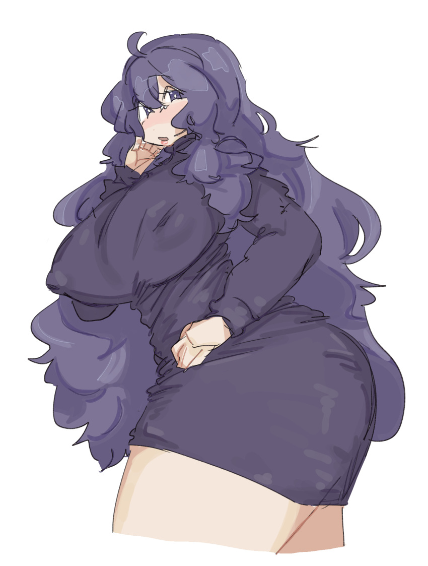 1girls big_breasts big_thighs black_hair blue_eyes blushing breasts dress fair-skinned_female fair_skin female female_only goth goth_girl hand_on_face hex_maniac huge_breasts human human_only leebongchun long_hair looking_at_viewer nintendo nipple_bulge nipples_visible_through_clothing npc_trainer pale-skinned_female pale_skin pokemon purple_hair shy_smile steam thick_thighs voluptuous