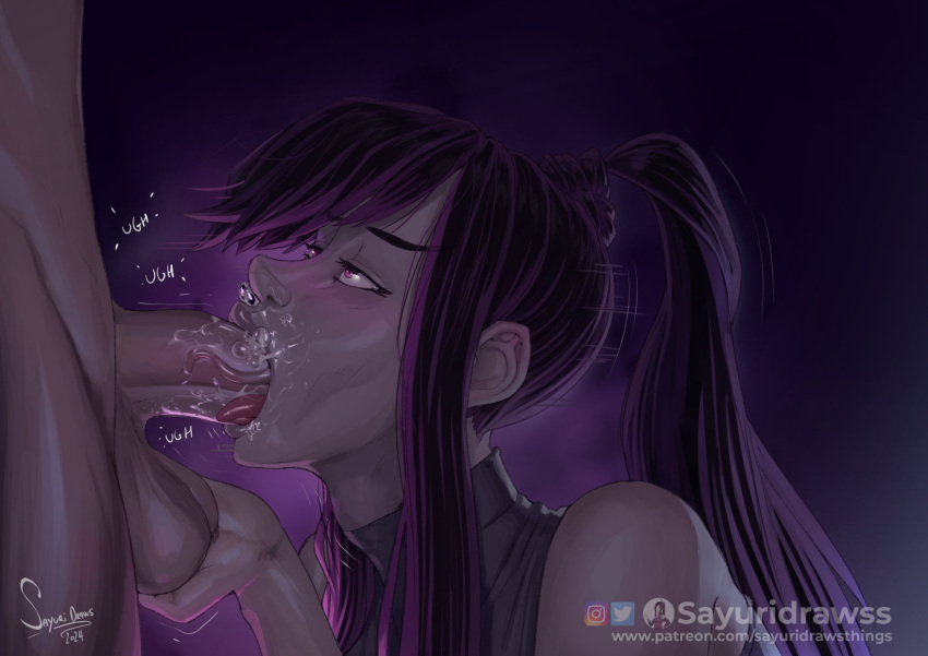 1girls asian blowjob deepthroat fellatio female genitals holding_balls mf muscular_male oral oral_penetration original penetration penis penis_in_mouth ponytail purple_eyes rolling_eyes saliva sayuri_(sayuridrawsthings) sayuridrawsthings seductive_look seductive_mouth sloppy throat_bulge throat_fuck tongue tongue_out tongue_out_blowjob