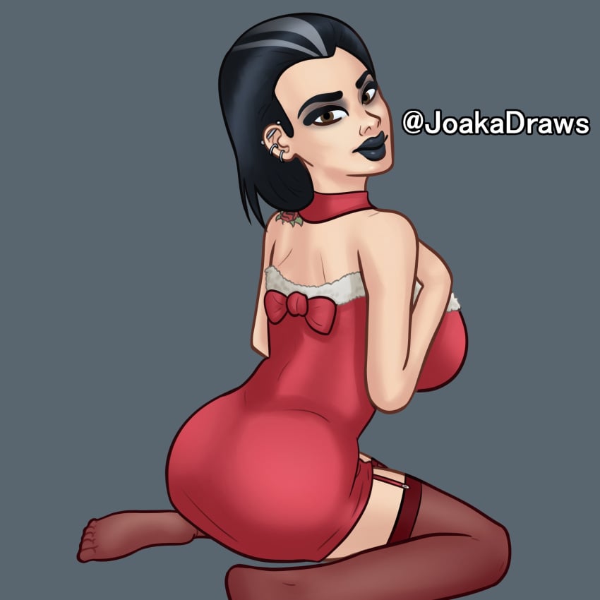 1girls 2d 2d_(artwork) alternate_version_available black_hair black_lipstick christmas_clothing christmas_dress clothing digital_drawing_(artwork) digital_media_(artwork) dress earrings female female_focus female_only goth goth_girl joakadraws light-skinned_female light_skin lipstick long_hair looking_at_viewer odette_(summertime_saga) on_floor on_knees pose posing presenting presenting_ass red_dress simple_background smile smiling solo solo_focus summertime_saga tattoo tattoos topwear