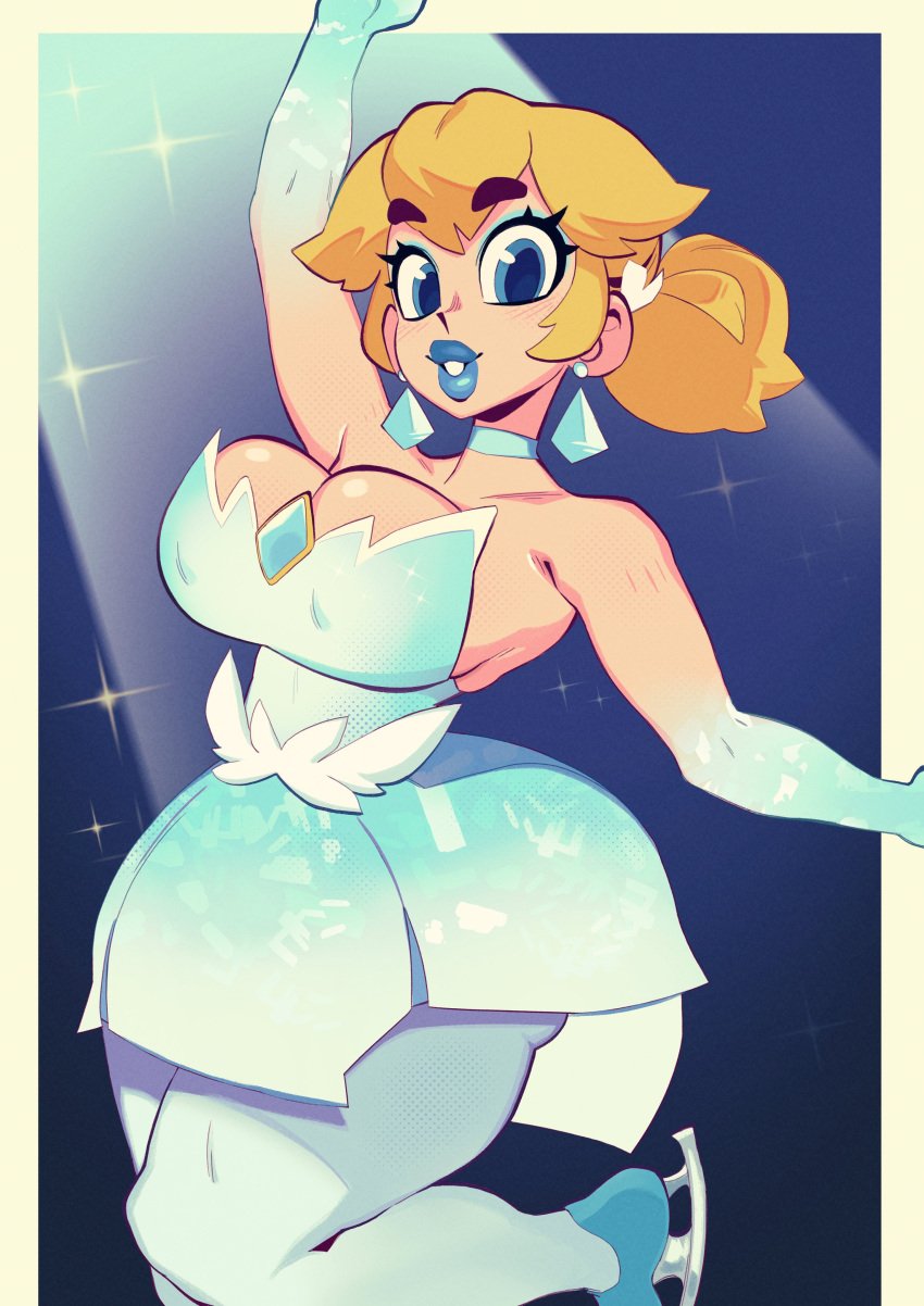 1girls absurd_res blonde_hair blue_earrings blue_eyes blue_lipstick blush dress earings female female_only figure_skater_peach hair_tied ice_skates lipstick looking_at_viewer makeup mario_(series) nintendo princess_peach princess_peach:_showtime! smiling smiling_at_viewer solo thick_thighs zephyrgales