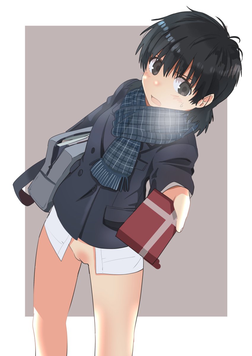 absurdres bag black_eyes black_hair black_jacket blazer blue_scarf blush bottomless breath commentary_request dutch_angle female fringe_trim frown genderswap_(mtf) gift grey_background haida_katsuretsu highres holding holding_gift incoming_gift jacket long_sleeves looking_at_viewer medium_hair open_mouth original plaid plaid_scarf pussy rule_63 scarf school_bag school_uniform solo standing sweatdrop textless_version valentine variant_set