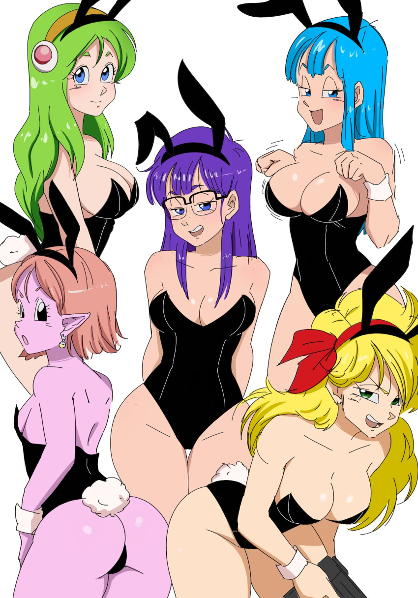 2023 5girls aged_up arale_norimaki bad_launch blue_hair brianne_de_chateau bunny_ears bunnysuit chronoa dragon_ball dragon_ball_(classic) dragon_ball_super dragon_ball_xenoverse dragon_ball_z female female_only gokutrash green_hair group launch leotard light-skinned_female light_skin lunch_(dragon_ball) maron pink_hair pink_skin purple_hair tagme yellow_hair