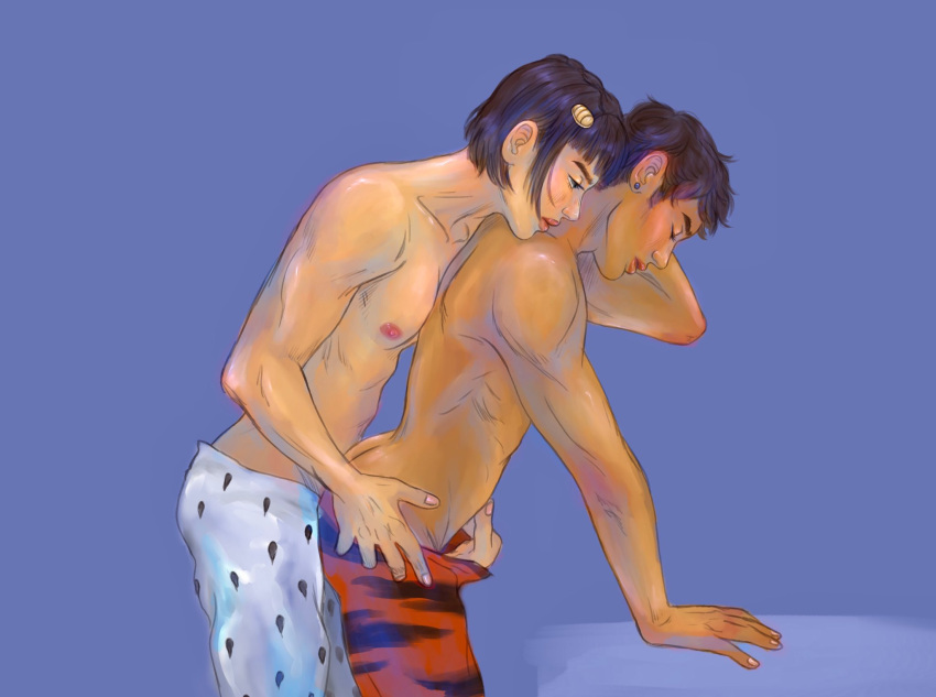 2boys black_hair bruno_buccellati duo gay giomicino guido_mista jojo's_bizarre_adventure male male/male male_only shirtless shirtless_male vento_aureo yaoi