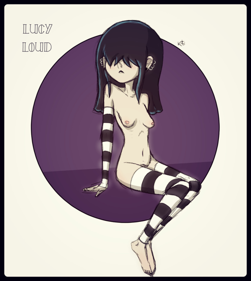 aged_up barefoot black_hair breasts detached_sleeves ear_piercing female female_only goth hair_over_eyes kt-draws long_hair lucy_loud multiple_piercings navel nipple_piercing nipples nude older pale_skin sidelocks solo straight_hair striped striped_legwear striped_sleeves the_loud_house thighhighs