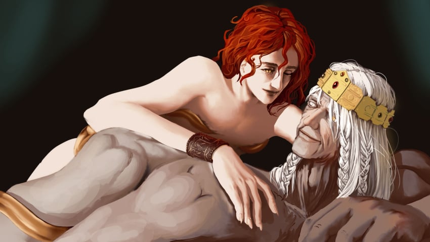 demigod elden_ring femboy godrick_the_grafted hands incest jewelry jygglewag_(artist) male/male messmer_the_impaler older_male red_hair snake_eyes snakes unusual_anatomy white_hair