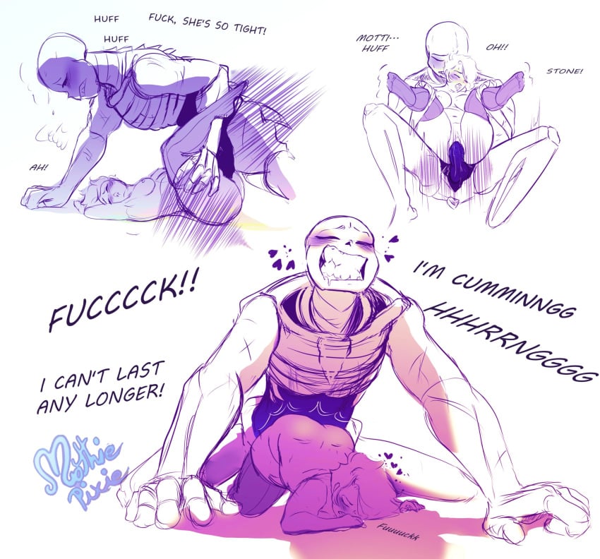 1boy 1girls 2d all_fours big_dom_small_sub bigger_male blush drooling ectobody english_text female heart human human_female humanoid male male_penetrating moaning mothiepixie oc panting sans sans_au sex size_difference skeleton smaller_female talking text undertale_(series) undertale_au vaginal_penetration