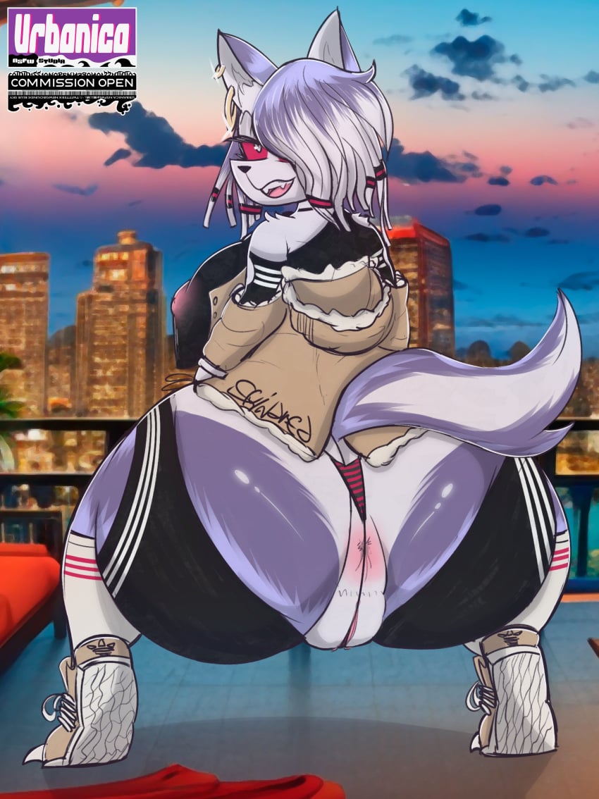 2d 2d_(artwork) anthro ass background background_sky big_ass big_butt city city_background cityscape clothed clothed_female clothing demon ear_piercing ear_ring earring exposed_ass exposed_pussy fur furry furry_breasts furry_ears furry_female furry_tail hellhound helluva_boss jacket jacket_off_shoulders jacket_open jacket_partially_removed loona_(helluva_boss) pierced_ears piercing piercings red_sclera sea seductive seductive_look seductive_mouth shoes shoes_on socks topwear urbanica white_hair wolf wolf_ears wolf_girl wolf_humanoid wolf_tail