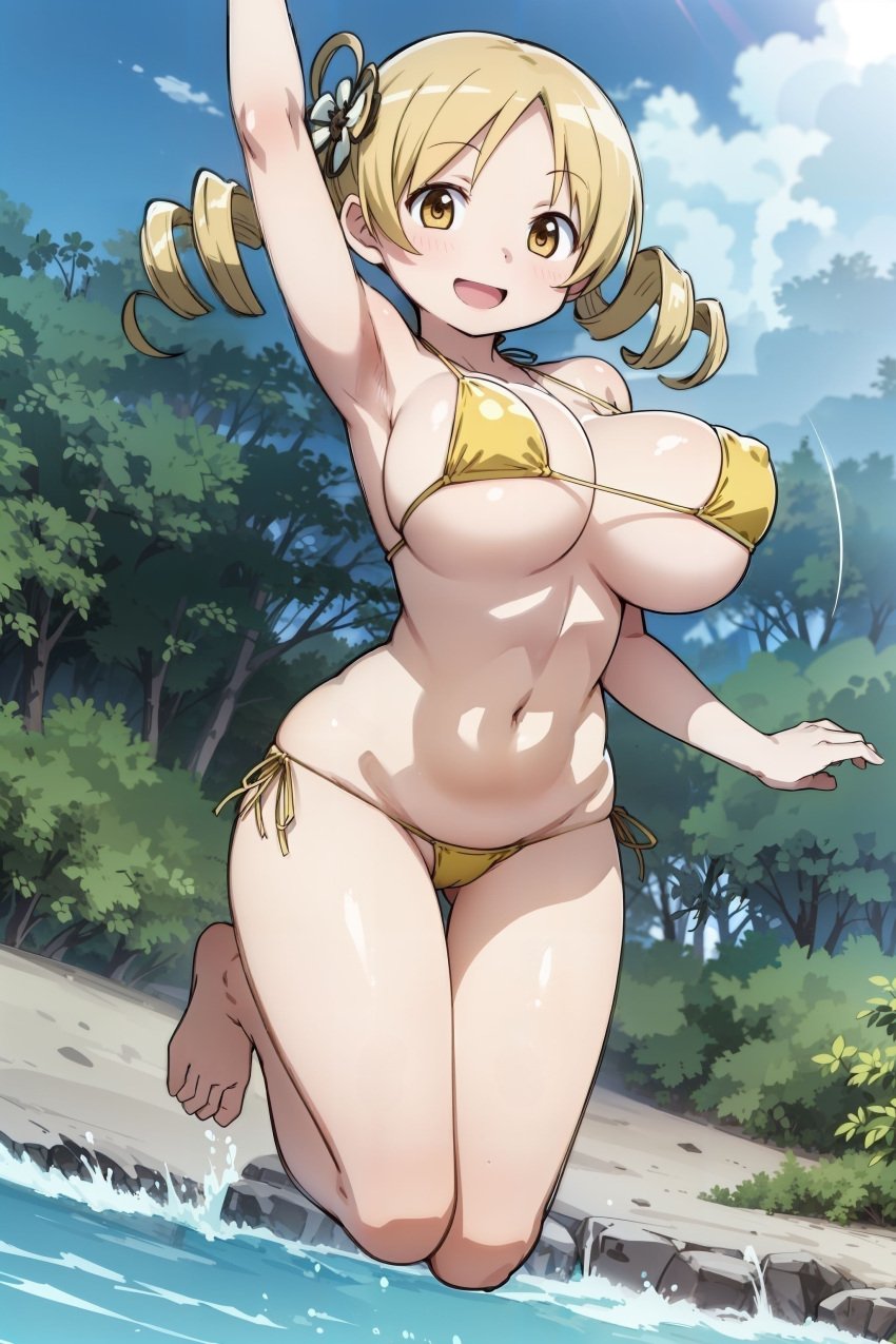 1girls ai_generated barefoot bikini blonde_hair bra drill_hair feet female female_only goodmorningmado jumping looking_at_viewer mahou_shoujo_madoka_magica pale-skinned_female pale_skin puella_magi_madoka_magica solo toes tomoe_mami twintails young