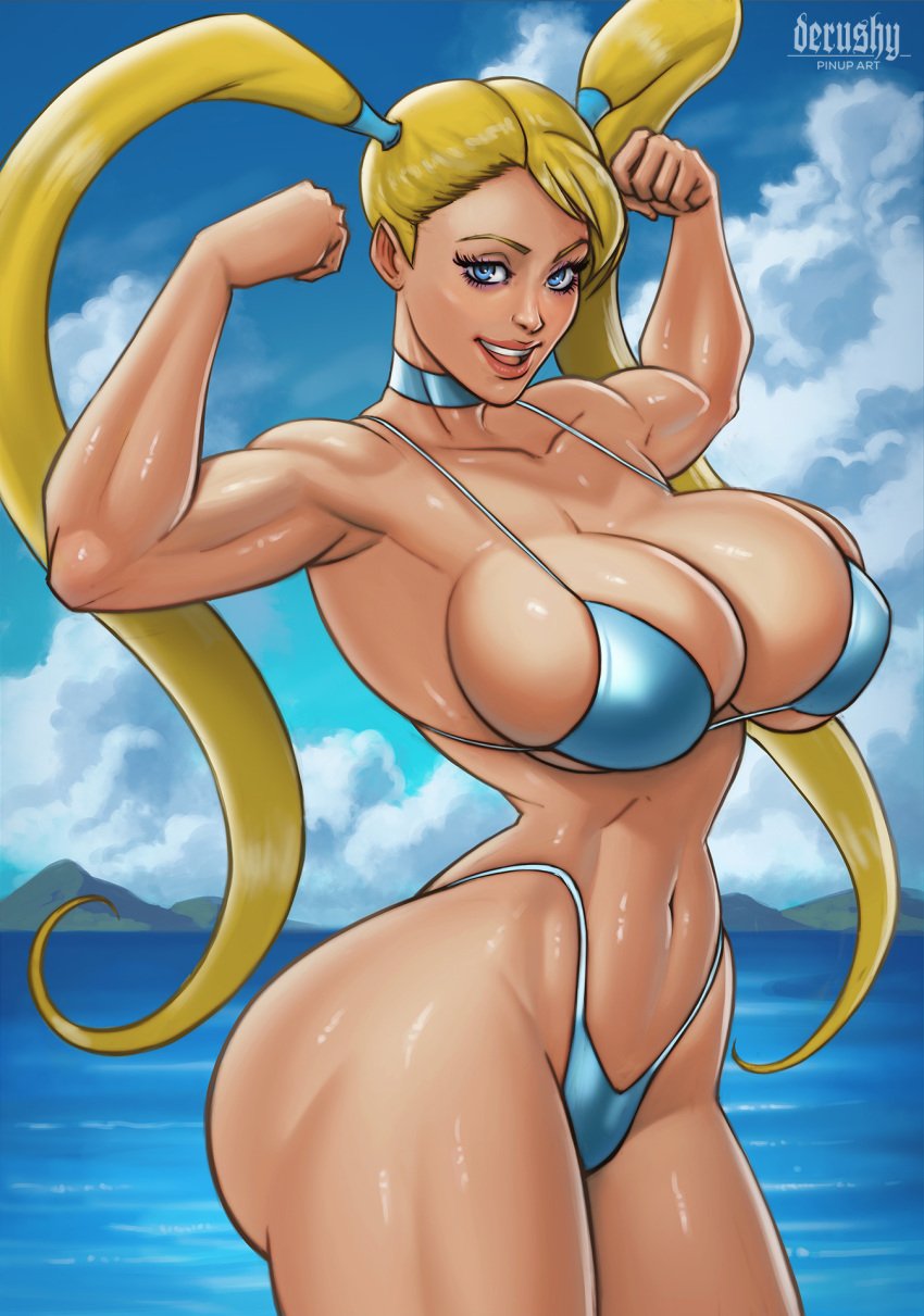 1girls ass bikini blonde_hair blue_eyes cleavage derushy female female_only flexing highres large_breasts light-skinned_female light_skin muscular_arms muscular_female ocean rainbow_mika smiling solo street_fighter street_fighter_alpha street_fighter_alpha_3 swimsuit thick thick_thighs twintails