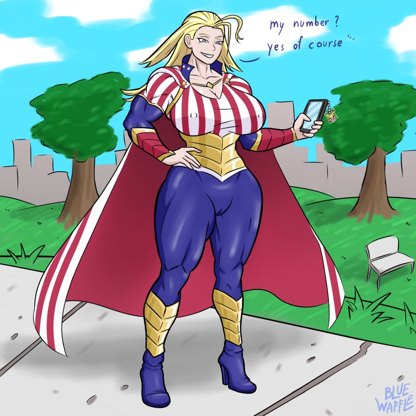 ass big_ass big_breasts blonde_hair blue_eyes blue_waffle boku_no_hero_academia breasts cameltoe cathleen_bate female girl hero hero_outfit_(mha) heroine high_heels muscles muscular muscular_female my_hero_academia nipples park public star_and_stripe_(my_hero_academia) superheroine thick_thighs thighs