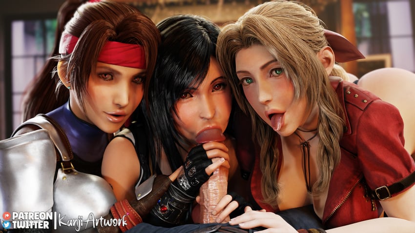 aerith_gainsborough black_hair blowjob blowjob_face blowjob_pov brown_eyes brown_hair busty cleavage cloud_strife final_fantasy final_fantasy_vii final_fantasy_vii_remake foursome gloves green_eyes handjob_while_sucking jessie_rasberry kanjiartwork kanjihentai long_hair looking_at_viewer ponytail pov pov_eye_contact pov_male red_eyes tifa_lockhart