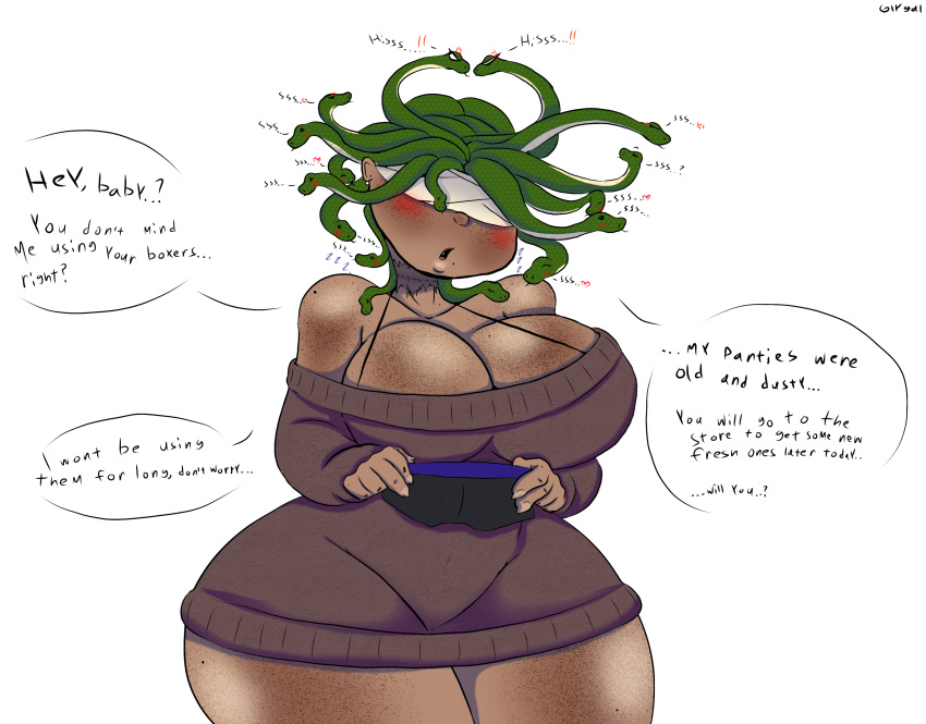 blush boxers_(clothing) dark_skin giygal medusa mommy snake_hair underwear