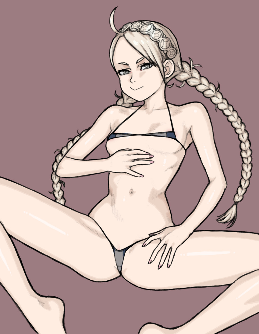 1girls ahoge bare_shoulders bikini blue_eyes braid commission feet_out_of_frame female female female_only fingernails fire_emblem fire_emblem_fates highres long_fingernails long_hair low_twin_braids low_twintails micro_bikini nina_(fire_emblem) nintendo parted_bangs solo swimsuit twin_braids twintails wabaki white_hair