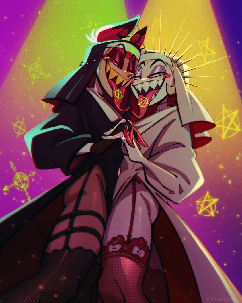 2boys alastor_(hazbin_hotel) ass_out deer demon gay hazbin_hotel interlocked_fingers leg_garter lucifer_morningstar_(hazbin_hotel) male_only nun pegibruno_(artist) simple_background sticking_tongue_out stockings thighhighs tongue_marking twink