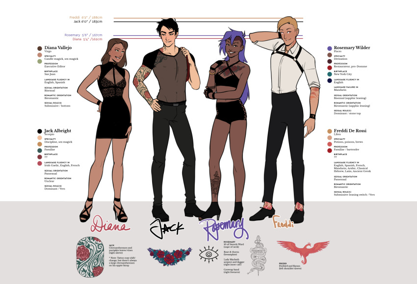 2boys 2girls black_hair blonde_hair brown_hair character_sheet clothed dark-skinned_female dark_skin diana_(soushiyo) diana_vallejo english_text familiar_(comic) female freddi_(soushiyo) freddi_de_rossi fully_clothed harness heels high_heels jack_(soushiyo) jack_albright latina light-skinned_male light_skin male puerto_rican purple_hair rosemary_(soushiyo) rosemary_wilder see-through_shirt soushiyo tattoo