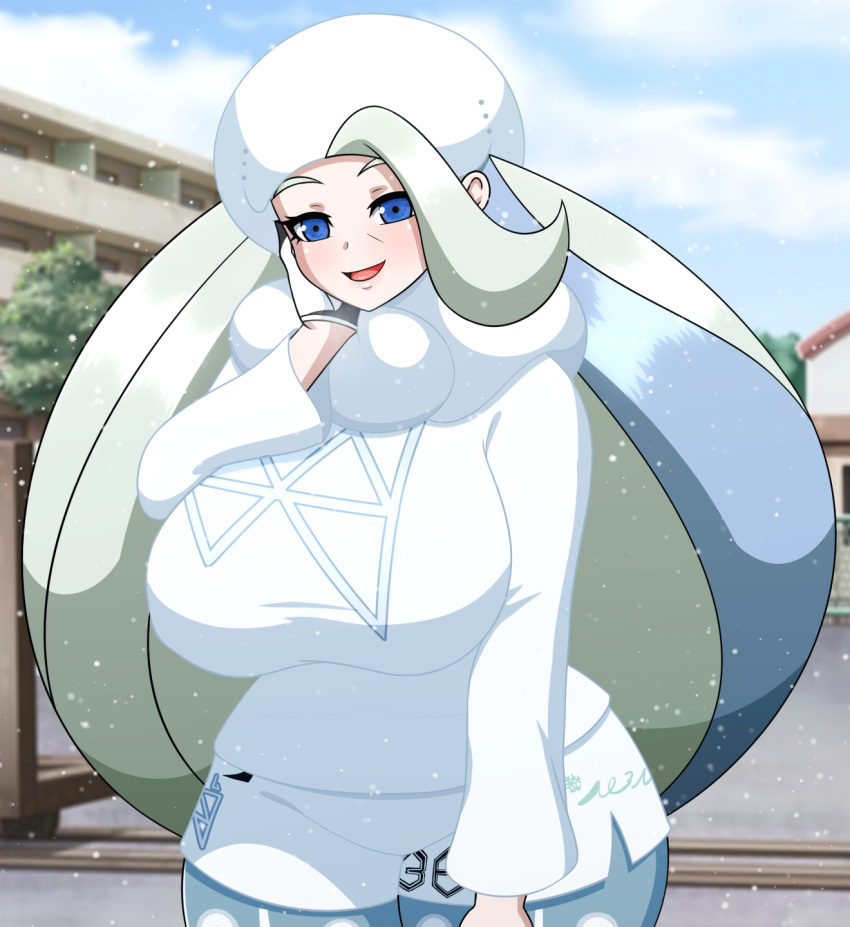 1girls alternate_version_available big_breasts blue_eyes breasts clothing female female_only game_freak hair hat headwear huge_breasts long_hair mature mature_female mature_woman melony_(pokemon) milf mother pokemon pokemon_ss smile snow solo solo_female white_hair yensh