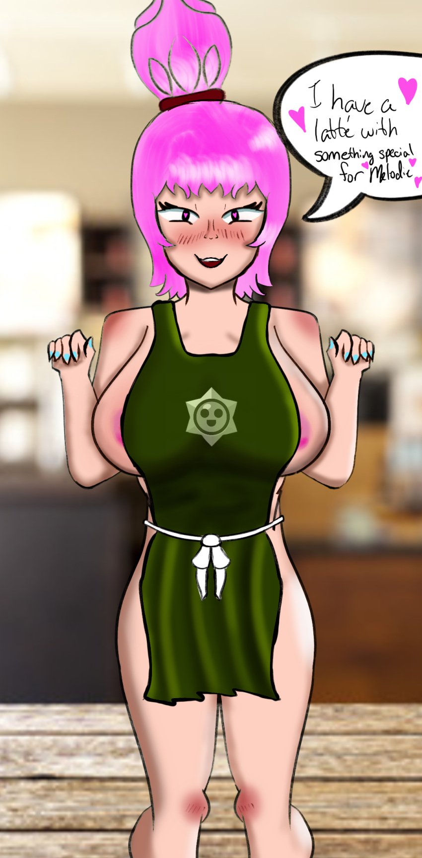 apron apron_only barista big_breasts brawl_stars iced_latte_with_breast_milk itsbh itsbh_(artist) janet_(brawl_stars) pink_hair text text_bubble