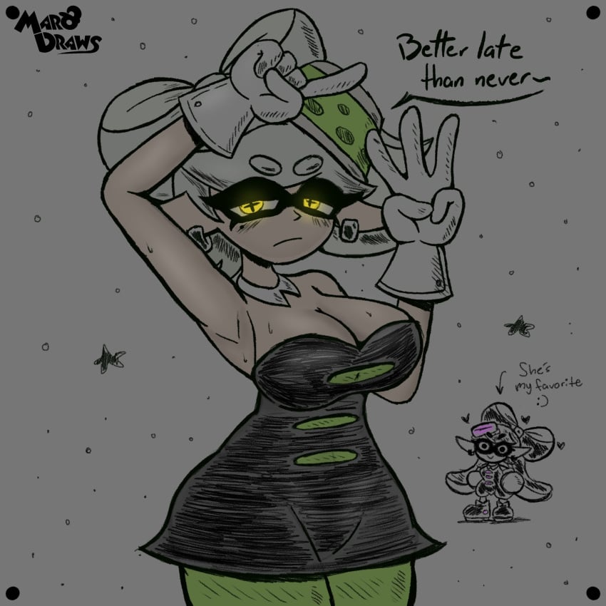 arm_up armpit_crease armpit_fetish armpit_peek armpit_pose armpit_sex_invitation armpits big_breasts busty callie_(splatoon) cleavage dress huge_breasts large_breasts marie_(splatoon) marodraws nintendo presenting_armpit presenting_armpits splatoon sweat sweatdrop sweating sweaty tagme thick_thighs thin_waist white_hair wide_hips