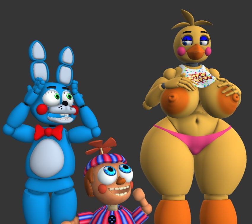 1girls 2boys 3d 3d_(artwork) animatronic balloon_boy_(fnaf) five_nights_at_freddy's five_nights_at_freddy's_2 furry furry_female furry_male nude nude_female robot robot_boy robot_girl robot_humanoid scottgames surprise surprised surprised_expression toy_bonnie_(fnaf) toy_chica_(fnaf)