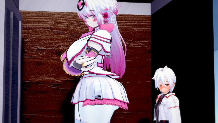 bell_nova big_breasts blush canon_couple dress fnf fnf_mod fnf_mods friday_night_funkin friday_night_funkin_mod hair_ornament headgear heart infini-verse kette_chrioka_(helixdemise) pink_hair red_eyes skirt standing white_hair white_skin