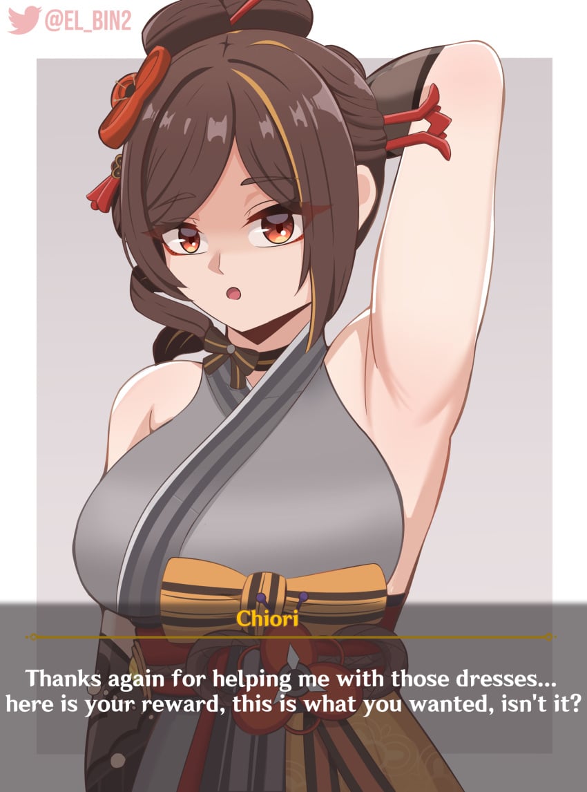 1girls armpits arms_up big_breasts brown_hair chiori_(genshin_impact) clothed collar el_bin eyeshadow female genshin_impact hair_ornament looking_at_viewer red_eyes short_hair standing talking_to_viewer text_box