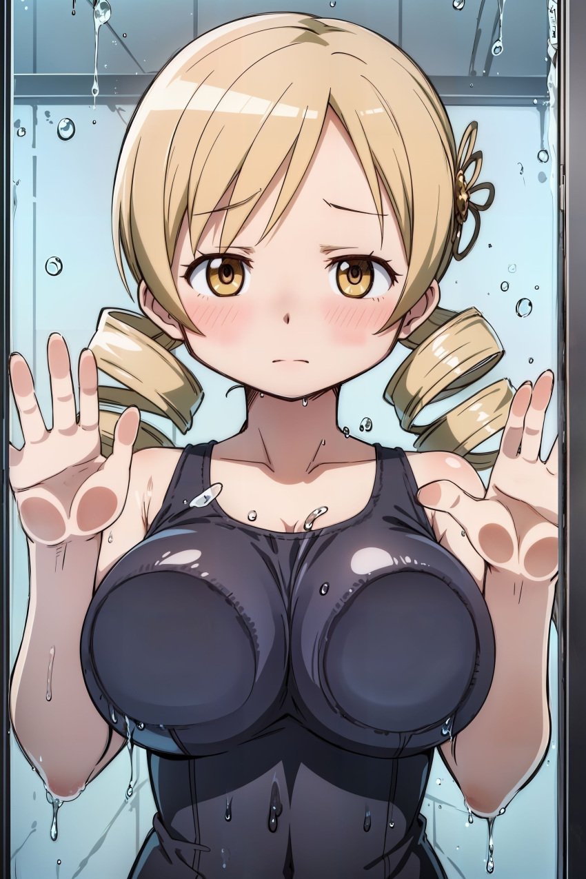 ai_generated big_breasts blonde_hair blush blush_lines blushing_at_viewer breasts_against_glass drill_hair flower flower_in_hair goodmorningmado light-skinned_female light_skin mahou_shoujo_madoka_magica mami_tomoe puella_magi_madoka_magica swimsuit tomoe_mami twintails young