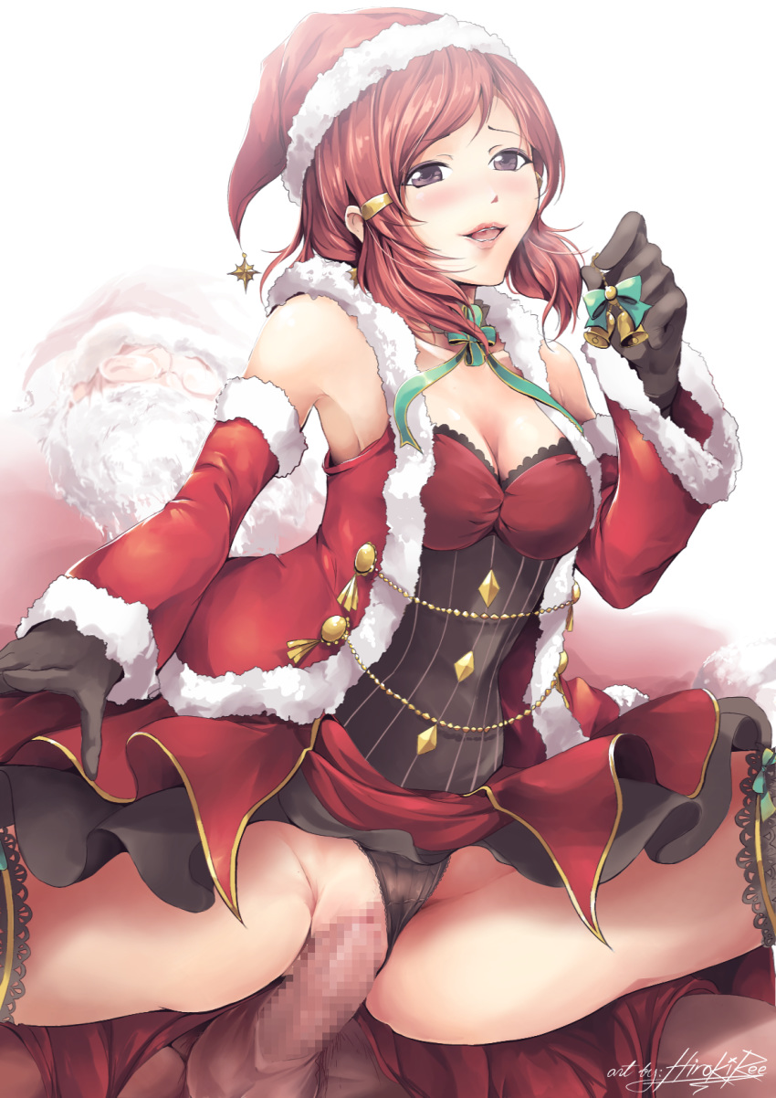 blush brown_hair censored clothed_sex clothing cowgirl_position female femdom from_behind girl_on_top hat highres hiroki_ree long_hair love_live! love_live!_school_idol_project mosaic_censoring nishikino_maki open_mouth panties panties_aside penetration penis pussy reverse_cowgirl_position santa_claus santa_hat sex spread_legs straddling straight tagme vaginal_penetration