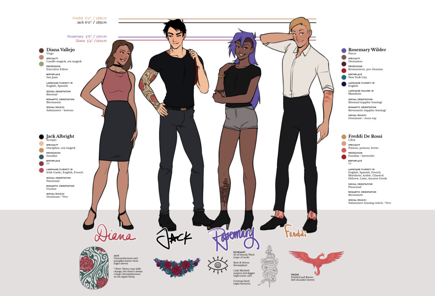 2boys 2girls black_hair blonde_hair brown_hair character_sheet clothed dark-skinned_female dark_skin diana_(soushiyo) diana_vallejo english_text familiar_(comic) female freddi_(soushiyo) freddi_de_rossi fully_clothed heels high_heels jack_(soushiyo) jack_albright light-skinned_male light_skin male pencil_skirt purple_hair rosemary_(soushiyo) rosemary_wilder shorts skirt soushiyo standing tattoo