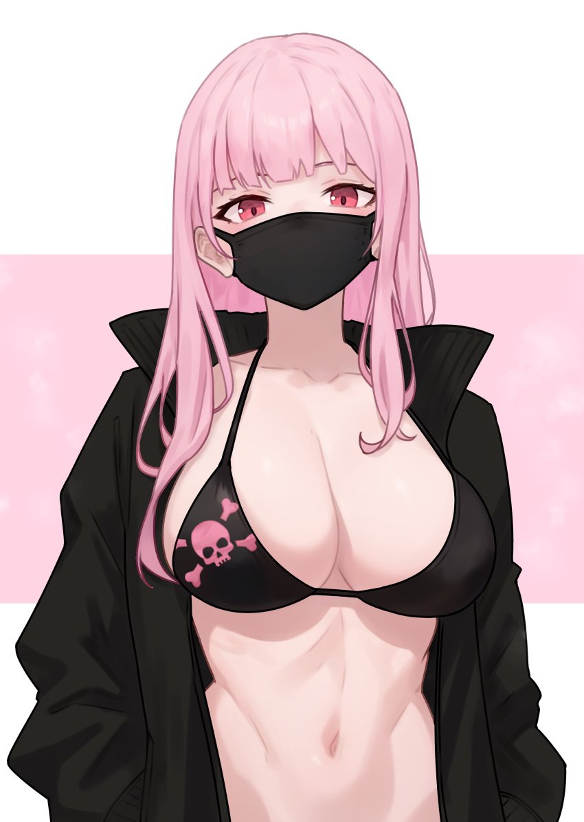 1girls bikini bikini_top bluefield breasts cleavage facing_viewer female hololive hololive_english hololive_myth large_breasts light-skinned light-skinned_female long_hair looking_at_viewer mask mori_calliope navel pink_eyes pink_hair virtual_youtuber