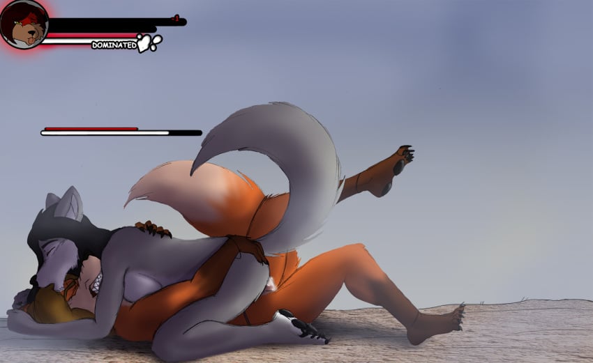 alfred_(umpherio) anthro anthro_only breasts canine clothing cowgirl_position cum defeat duo female fox frederika_(nintendarkland) health_bar jewelry loincloth lying male mammal on_top penis sex simple_background straight umpherio wolf