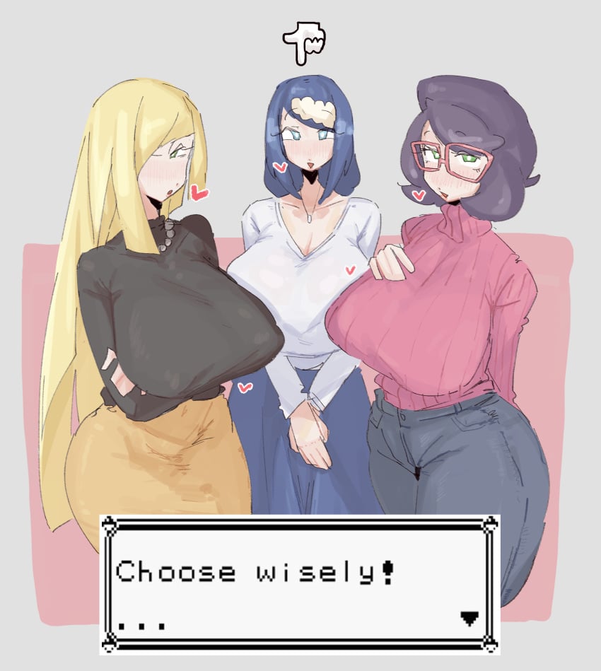 3girls big_breasts big_thighs black_hair blonde_hair blue_eyes blue_hair blush blushing blushing_at_viewer breasts breasts_bigger_than_head dress english_text fair-skinned_female fair_skin female female_only heart huge_breasts human human_only lana's_mother_(pokemon) large_breasts leebongchun long_hair looking_at_viewer lusamine_(pokemon) milf milfs multiple_girls nintendo nipple_bulge nipples_visible_through_clothing pale-skinned_female pale_skin pokemon purple_hair shy_smile steam take_your_pick text thick_thighs voluptuous wicke_(pokemon)