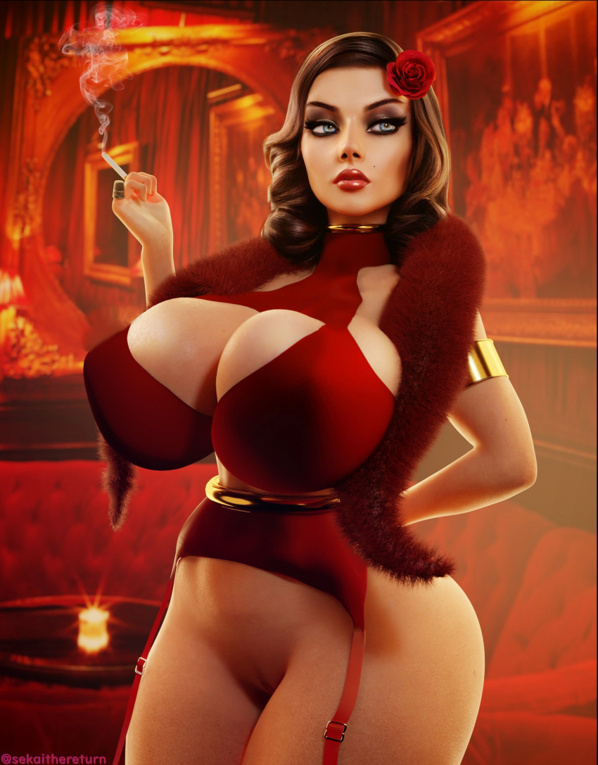 1girls 3d big_breasts big_lips bimbo bioshock bioshock_infinite blue_eyes bottomless breasts brown_hair burial_at_sea cigar cigarette dress elizabeth_comstock elizabeth_comstock_(burial_at_sea) female female_only flower flower_in_hair fur_coat garter_straps hair hair_ornament hips huge_breasts lips mole mole_under_eye pussy red_dress sekaithereturn short_dress smoke solo solo_female thick_lips vagina