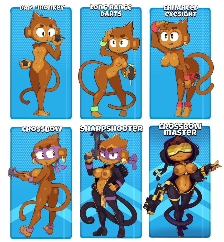 6girls accurate_art_style ass bent_over big_breasts bloons_td_6 bloons_tower_defense bow brown_fur brown_hair dart_monkey earrings fur furry looking_at_viewer looking_away monkey monkey_girl monster_girl nude open_mouth partially_clothed presenting short_hair skin_tight small_breasts smile standing tail text visor vixycore