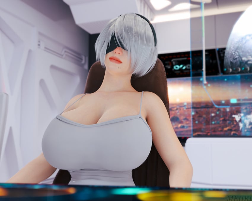 1girls 3d big_breasts blindfold breasts clothed clothing female female_focus female_only hairband huge_breasts jgrfgts light-skinned_female light_skin meiirii nier nier:_automata short_hair sitting solo white_hair yorha_2b