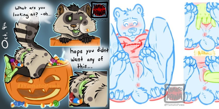 anthro anus bear black_bear blush bottomless candy clothed clothing cuntboy dessert eating_candy feral finger_fuck fingering food genitals halloween holidays hoodie intersex jack-o'-lantern male mammal naive paws penetration procyonid pussy raccoon solo topwear ursine vaginal_penetration yamato_burr yamatopawa