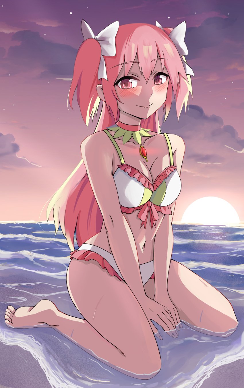 aged_up barefoot beach blush breasts commission commissioner_upload feet female goddess hair_ribbon human human_only jewelry large_breasts long_hair looking_at_viewer madoka_kaname magia_record:_mahou_shoujo_madoka_magica_gaiden mahou_shoujo_madoka_magica mahou_shoujo_madoka_magica_(anime) navel necklace pink_eyes pink_hair puella_magi_madoka_magica ribbon sea seaside selverna smile smiling smiling_at_viewer swimsuit teenager ultimate_madoka