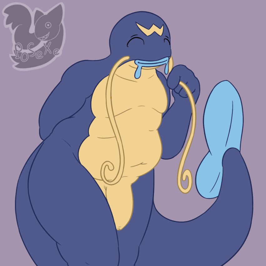 1boy anthro anthrofied barbels belly blue_skin catfish closed_eyes fish flaccid foreskin humanoid_penis male male_only marine navel nintendo nude overweight overweight_male penis pokemon pokemon_rse posexe purple_background simple_background slightly_chubby smile solo standing text thick_thighs uncut video_games watermark whiscash wide_hips yellow_skin