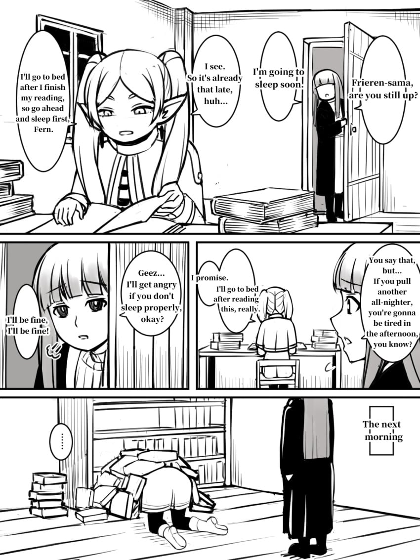 2girls book bookshelf comic fern_(sousou_no_frieren) frieren multiple_girls room sankaku_atama shelf sousou_no_frieren stuck