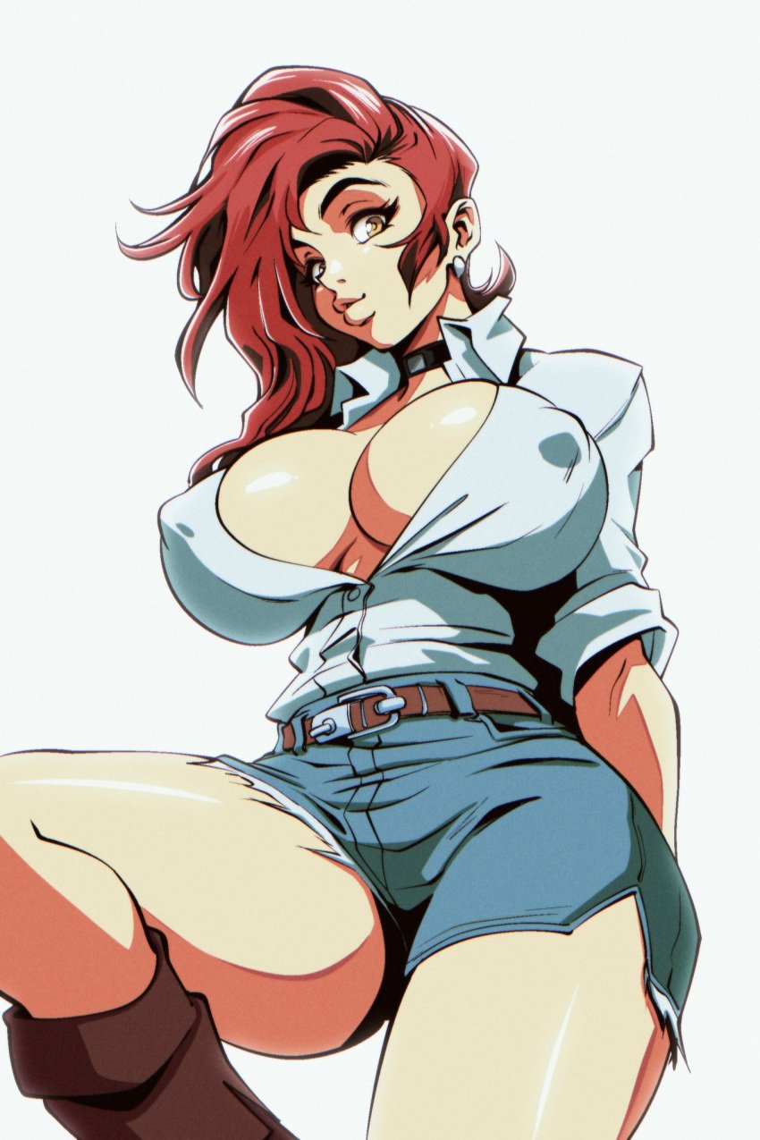 1girls 2023 asymmetrical_hair balak choker cleavage collared_shirt cowboy_shot denim_shorts earrings full_cleavage huge_breasts light-skinned_female long_hair nipple_bulge no_bra no_bra_under_clothes original_character partially_unbuttoned red_hair shorts simple_background skindentation solo_female white_background