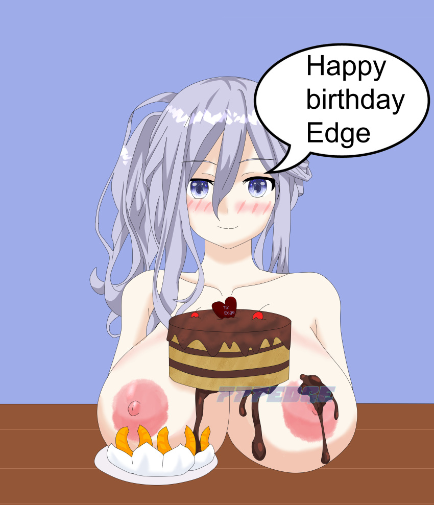 1girls 777edge blush breasts cake date_a_live female_only food grey_eyes grey_hair light-skinned_female murasame_reine naked naked_female nipples short_hair text