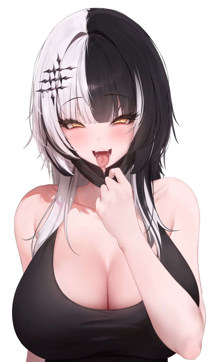 1girls black_hair breasts cleavage female hololive hololive_english hololive_english_-advent- light-skinned_female light_skin long_hair mask massive_breasts prab shiori_novella split_tongue tongue_out two_tone_hair virtual_youtuber white_hair