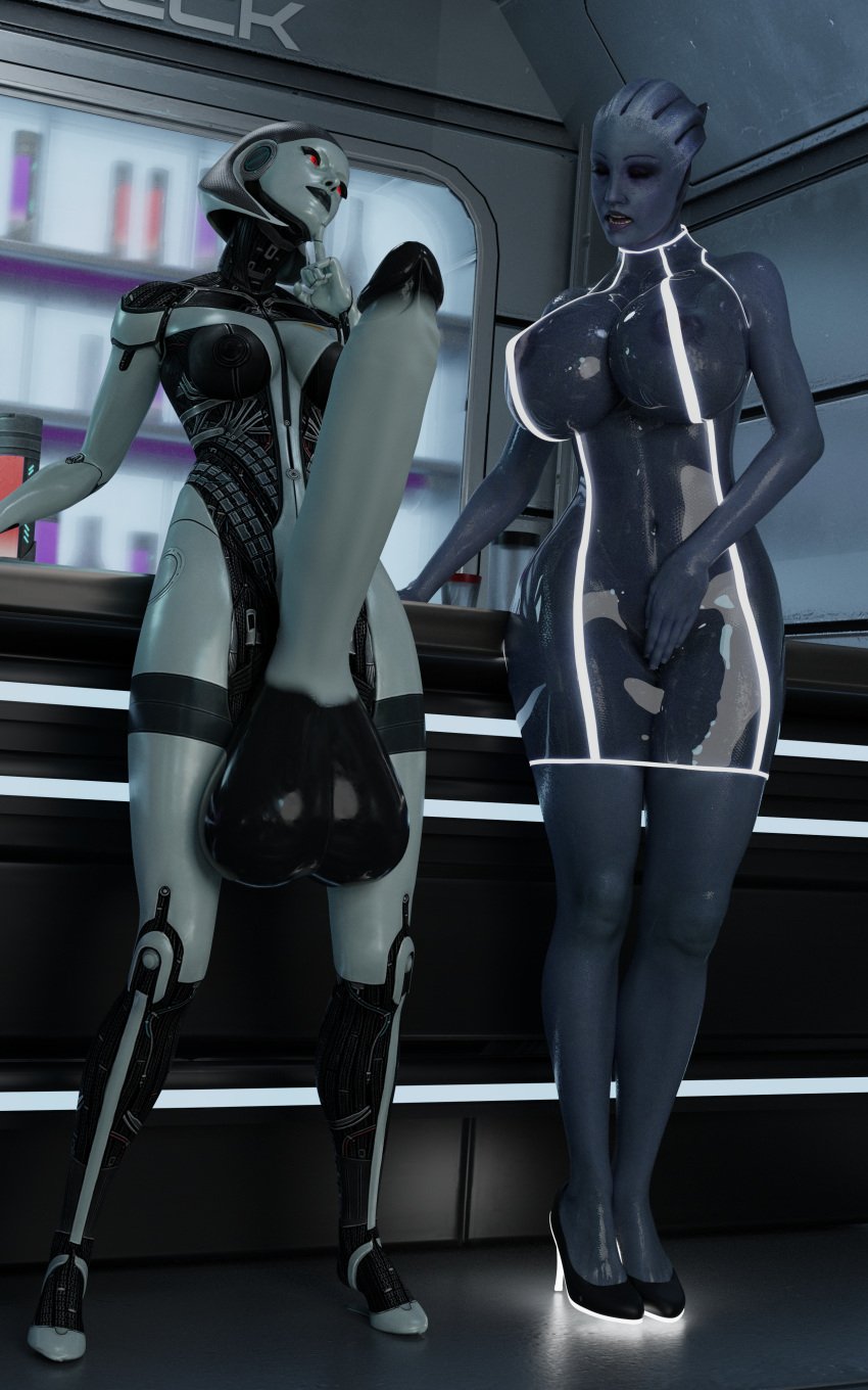 3d 4k absurd_res big_ass big_breasts edi freekiller futanari glowing_eyes hi_res high_heels huge_balls huge_cock liara_t'soni mass_effect metallic_body robot_girl rubber_clothing