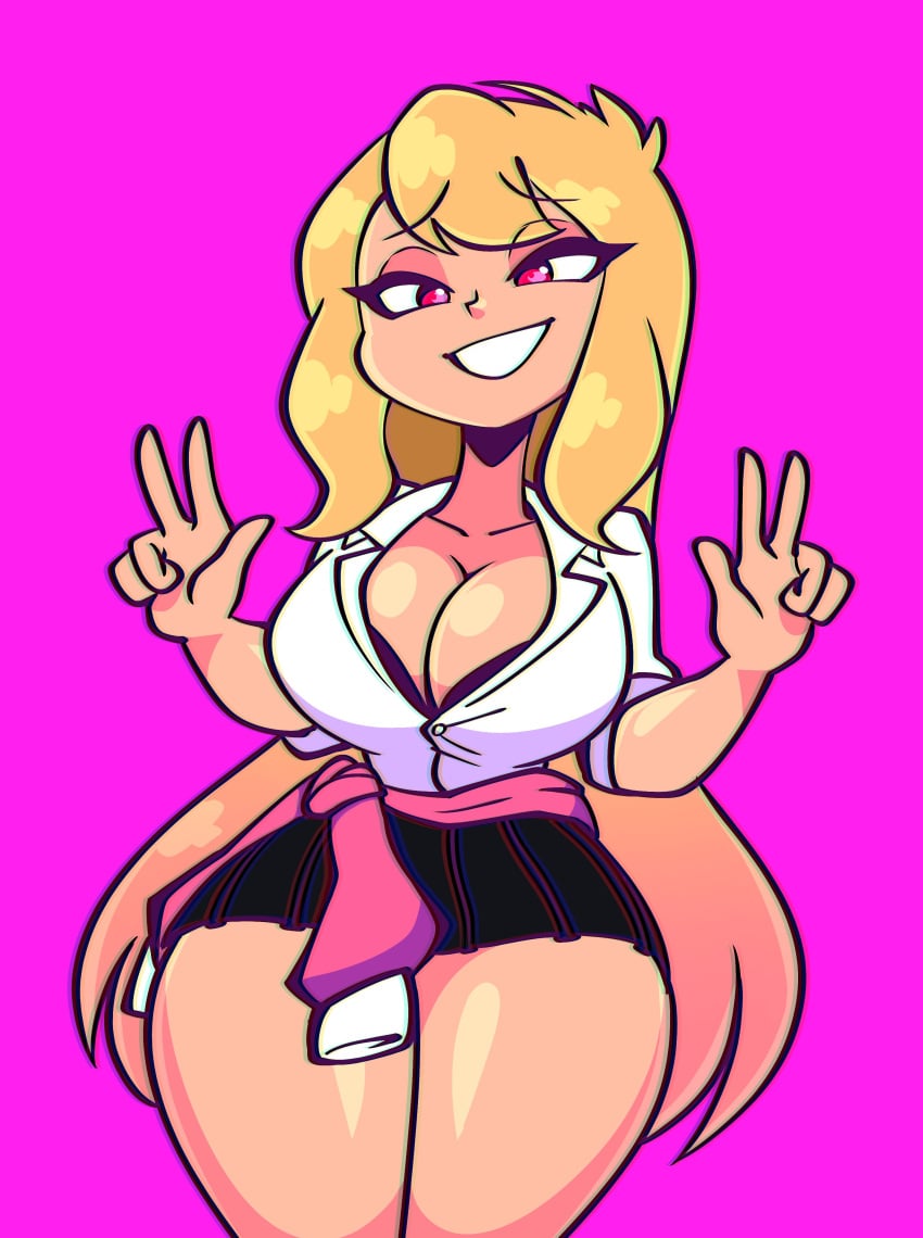 blonde_hair breasts cleavage commission double_peace_sign female female_only jek_korpen original_character peace_sign pink_eyes revealing_clothes short_shorts shorts smile tagme tagme_(character) thighs tied_shirt very_long_hair