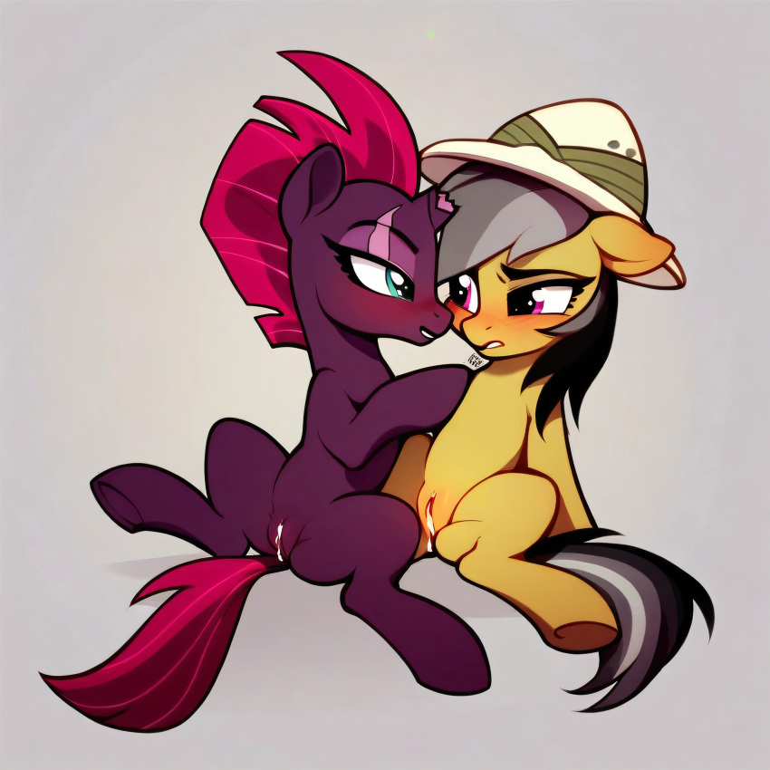 2girls ai_generated daring_do_(mlp) duo equid equine female friendship_is_magic fur furry furry_only grey_hair hasbro horse my_little_pony orange_body orange_fur pegasus pink_hair pony purple_body purple_fur pussy tempest_shadow_(mlp) unicorn