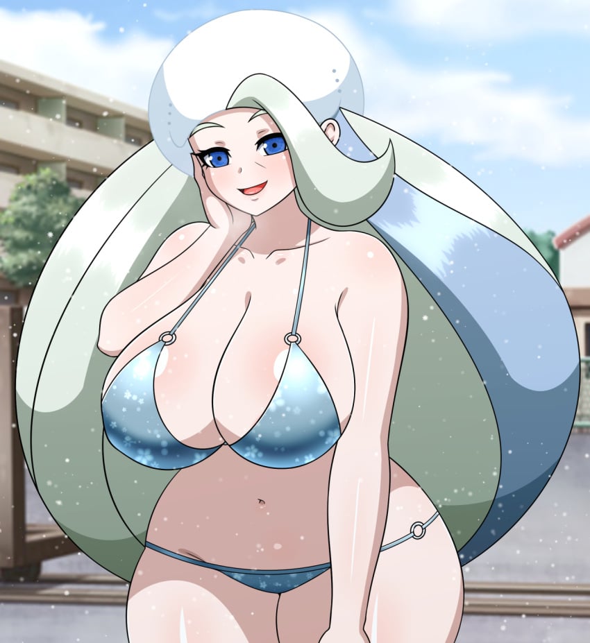 1girls alternate_costume alternate_version_available big_breasts blue_bra blue_eyes blue_panties bottomwear bra breasts cleavage female female_only game_freak hair hat headwear huge_breasts long_hair mature mature_female mature_woman melony_(pokemon) milf mother panties pokemon pokemon_ss smile snow solo solo_female thighs topwear white_hair yensh