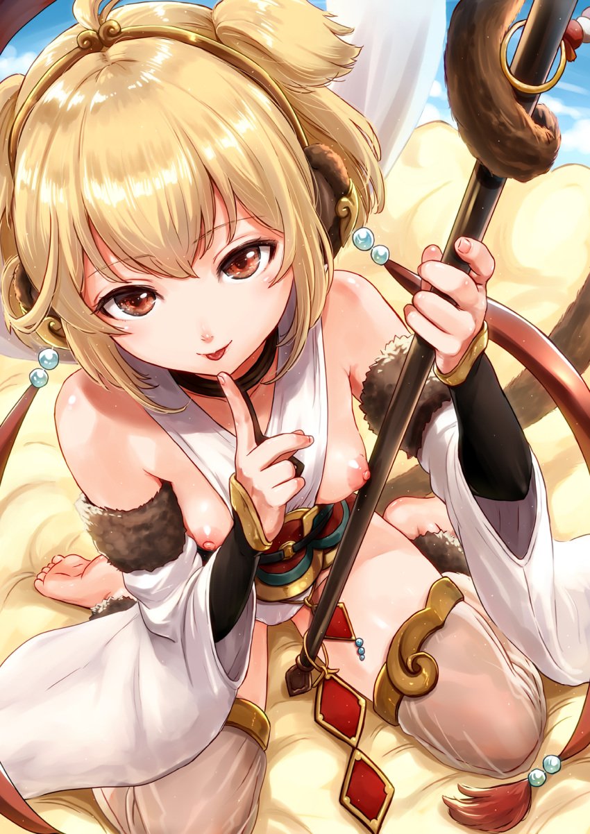 :p anchira_(granblue_fantasy) bare_shoulders barefoot blonde_hair blush breasts breasts_out brown_eyes detached_sleeves eri_(resia) erun_(granblue_fantasy) female finger_to_mouth granblue_fantasy hairband highres index_finger_raised looking_at_viewer monkey_ears monkey_tail nipples short_hair sitting smile solo staff tail tongue tongue_out wariza