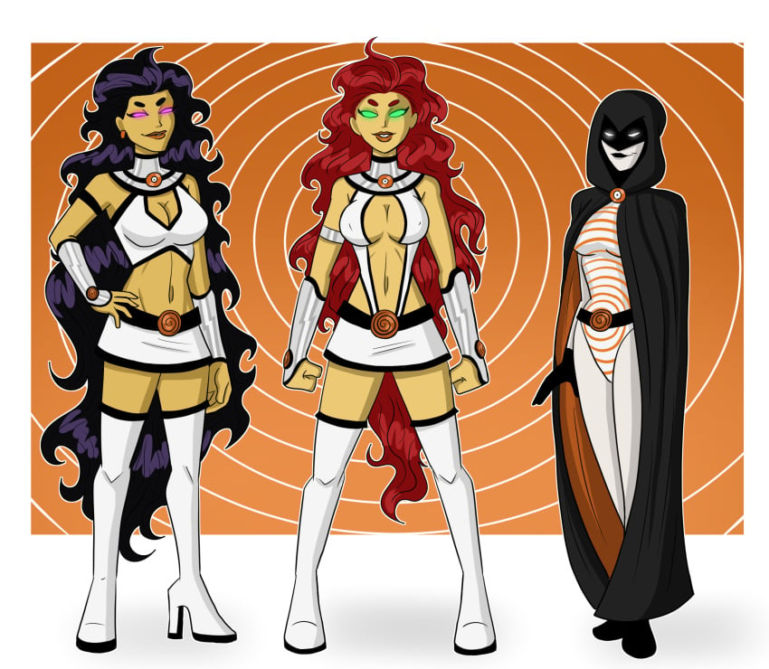 3girls alien alien_girl alternate_costume alternate_hairstyle black_hair blackfire blackfire_(comics) boots breasts cleavage cloak dc dc_comics evil_smile female female_only femdom femsub glowing glowing_eyes grey_skin happy_trance harem high_heels hood large_breasts leotard memetic_control miniskirt multiple_girls multiple_subs polmanning raven_(dc) red_hair sisters skirt smile starfire starfire_(comics) super_hero teen_titans thigh_boots very_long_hair western