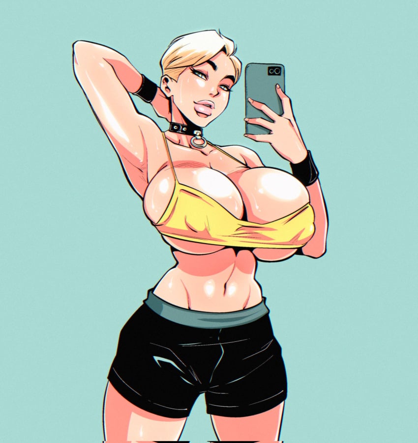 1girls 2023 armpits balak big_breasts blonde_hair breasts bursting_breasts cleavage collar cowboy_shot crop_top huge_breasts light-skinned_female looking_at_viewer nipple_bulge selfie short_hair shorts skindentation solo_female thick_lips toned_female underboob workout_clothes