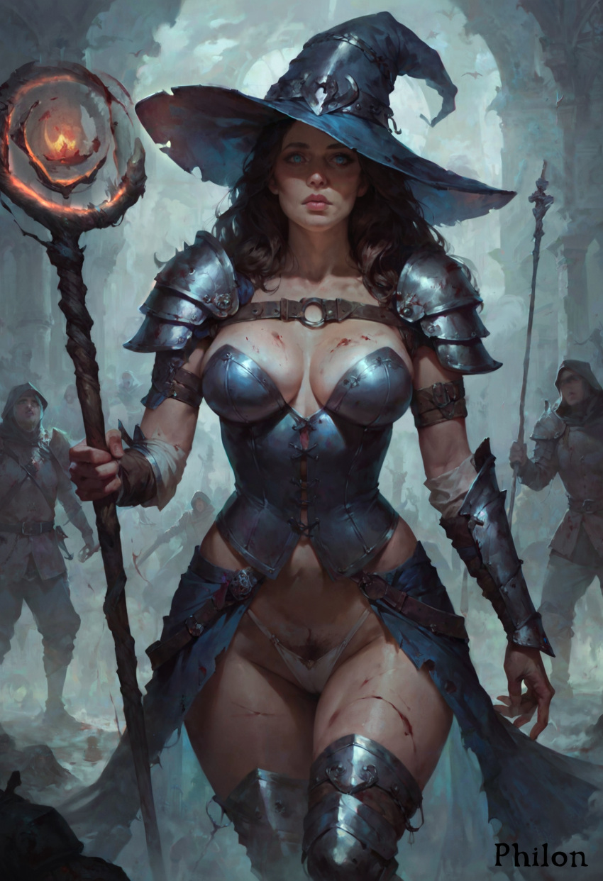 1girls ai_generated arm_belt armor belt black_hair blood blood_on_clothes blue_eyes blue_headwear boots breasts breasts_apart brown_hair cleavage collarbone corset dragon's_dogma female_pubic_hair hat highleg highleg_panties holding holding_staff holding_weapon hood hood_up large_breasts lips long_hair looking_at_viewer mage mage_staff multiple_boys navel o-ring original_character panties pauldrons philon pubic_hair pubic_hair_peek shoulder_armor showgirl_skirt solo_focus stable_diffusion staff thigh_boots underwear vambraces weapon white_panties witch witch_hat