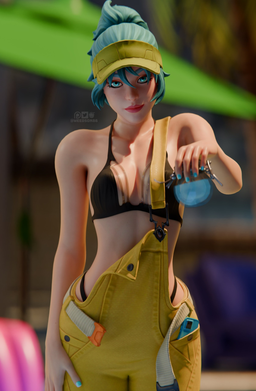 1girls 3d bikini blue_eyes blue_hair comet_(fortnite) female female_only fortnite fortnite:_battle_royale fuck_me_eyes overalls poolside seductive_look shield shirtless solo weedson86